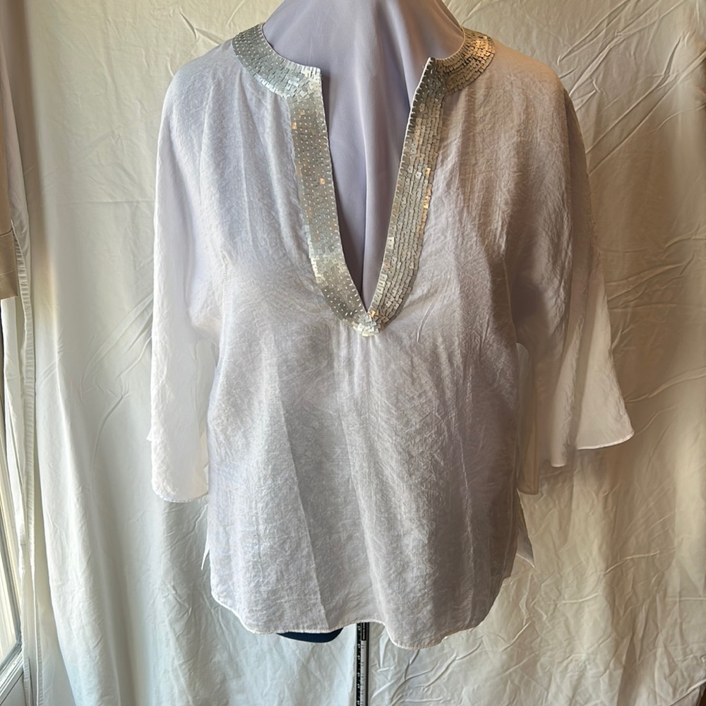 Talbots white and sequin boho blouse with eyelet closures on neckline